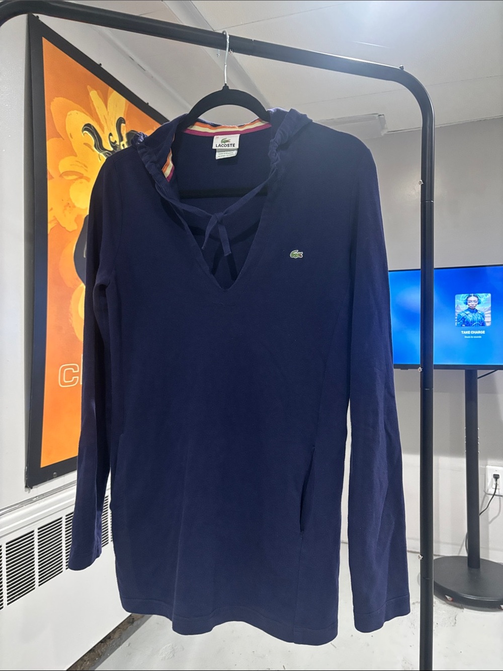 Lacoste Navy Hooded Long Sleeve Top with Crocodile Logo Medium
